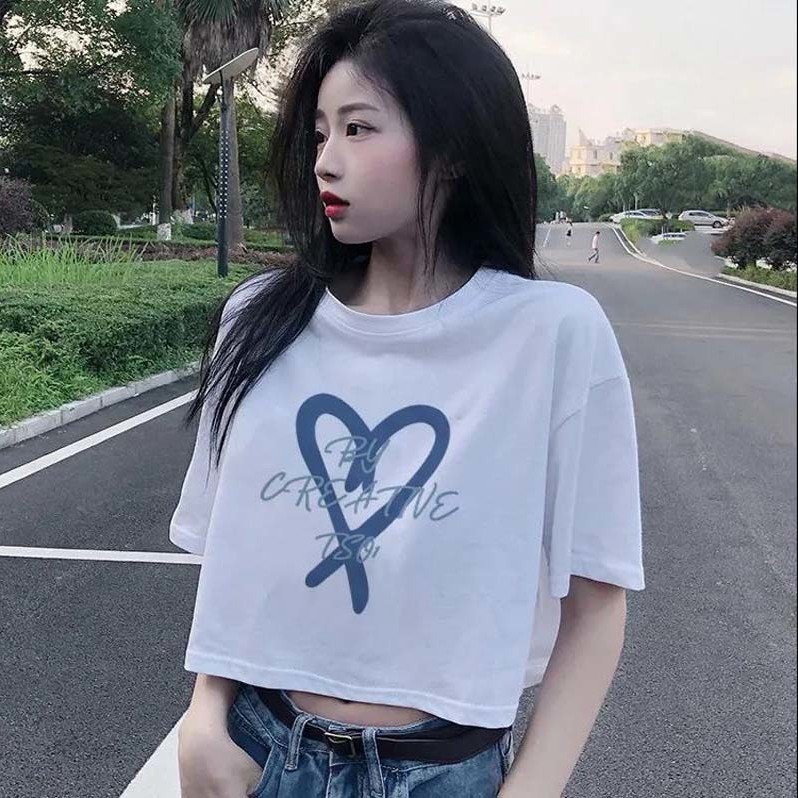 Áo thun nữ Croptop in hình trái tim cách điệu form rộng vải cotton dày dặn co giãn 4 chiều