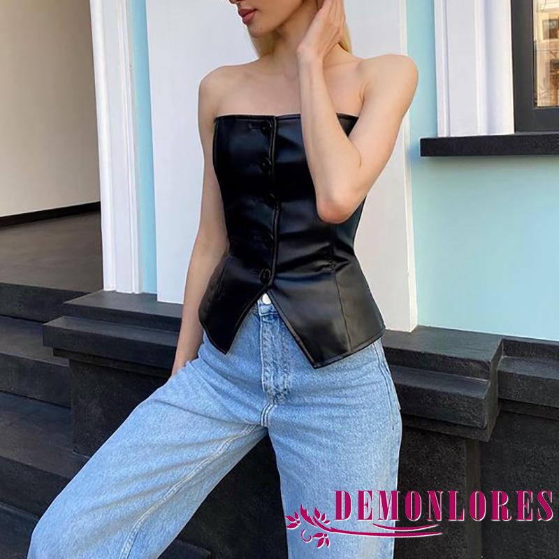 Áo ống corset bằng da PU không dây cài nút thời trang gợi cảm cho nữ
