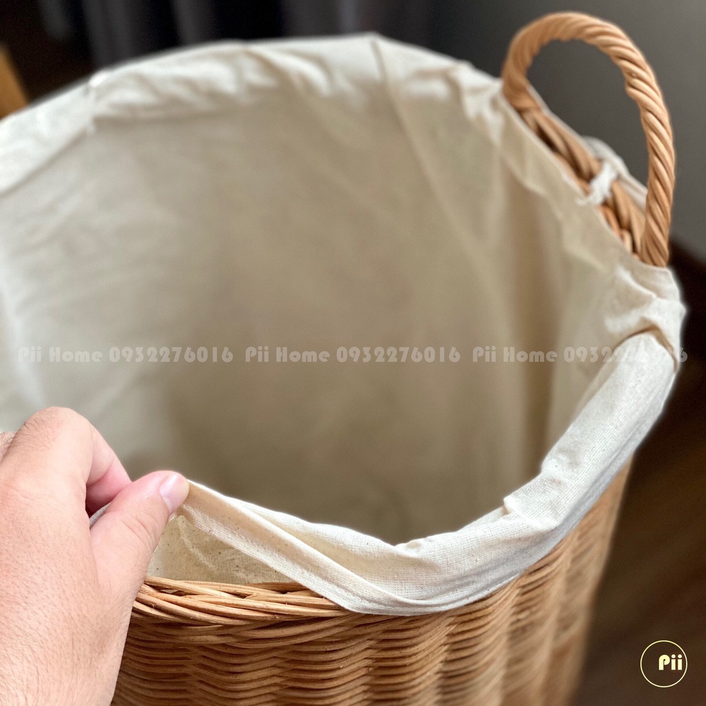 Sọt giỏ mây tròn đựng đồ Pii Home có tay cầm, kèm lót vải tiện dụng
