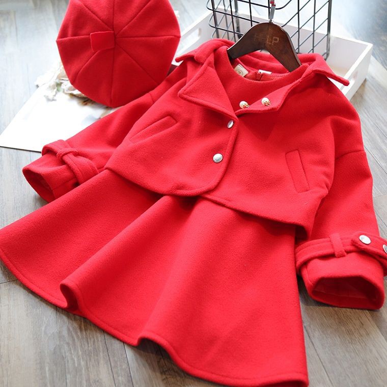 váy dàiáo phông cho bé❣♞❈Bé gái mùa thu / đông Áo khoác len mới 2021 dạ màu đỏ phong cách tây váy vest công