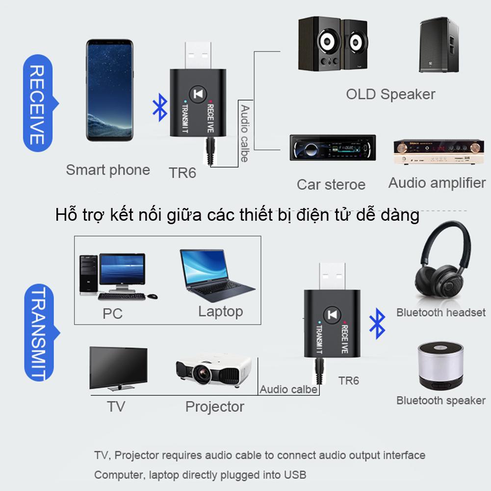 Bộ Thiết Bị Thu Phát Bluetooth 5.0 Không Dây Hai Chiều USB Laptop PC Ô Tô Phát Nhạc - Bluetooth Receiver Transmit TR6