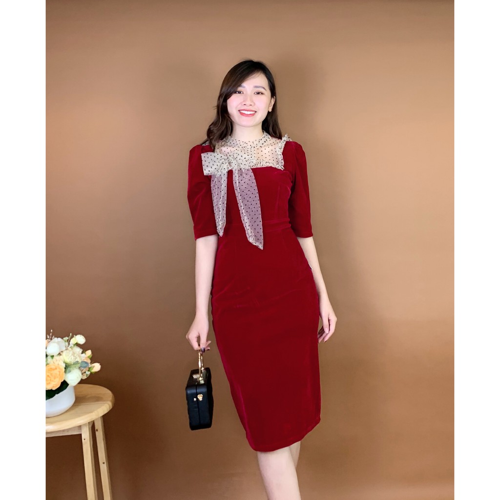 Váy nhung body cổ phối ren chấm bi Emvy - K4 | BigBuy360 - bigbuy360.vn