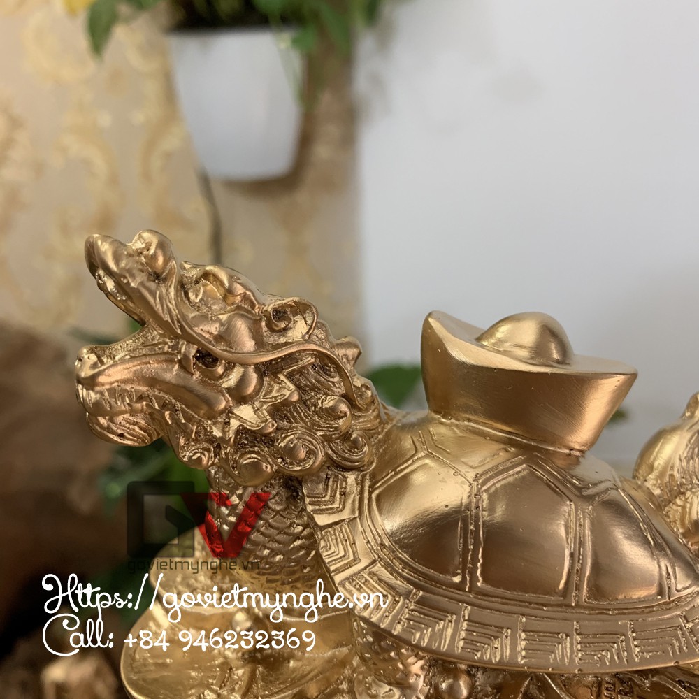 Tượng đá trang trí phong thủy long quy - Rùa đầu rồng cõng thỏi vàng - Chiều Cao 10cm - Màu nhũ đồng