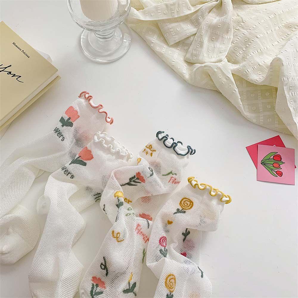 Vớ Lụa Thủy Tinh Trong Suốt Phối Ren Hoa Siêu Mỏng Thoáng Khí Phong Cách Harajuku