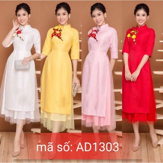 Có size 4XL Set Áo Dài Cách Tân cổ trụ đính hoa thêu kèm váy voal lưới