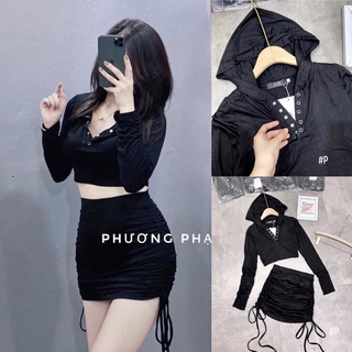 Set áo mũ croptop kèm chân váy rút dây✌️ảnh thật