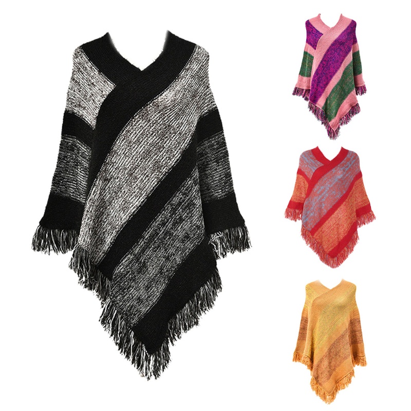 Áo Choàng Dệt Kim Chui Đầu Họa Tiết Kẻ Sọc Phối Tua Rua Màu Sắc Dân Tộc Cho Nữ | BigBuy360 - bigbuy360.vn