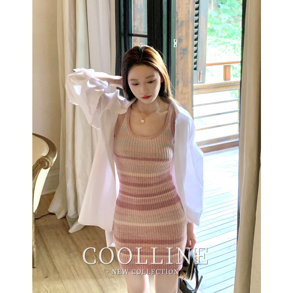 Cocory vn Đầm Dệt Kim Hai Dây Dáng Ôm Họa Tiết Kẻ Sọc Thời Trang Quyến Rũ Cho Nữ