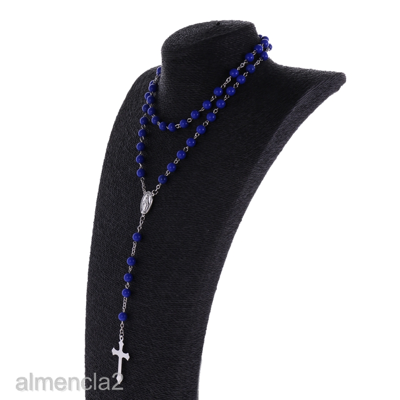 Mens Hip 8mm Bead Rosary Pray Hand Jesus Cross Pendant Necklace Black