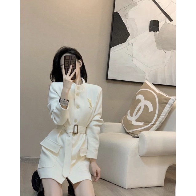 Áo khoác mangto YSL bản cao cấp mã 0223 màu trắng chất liệu mềm mại