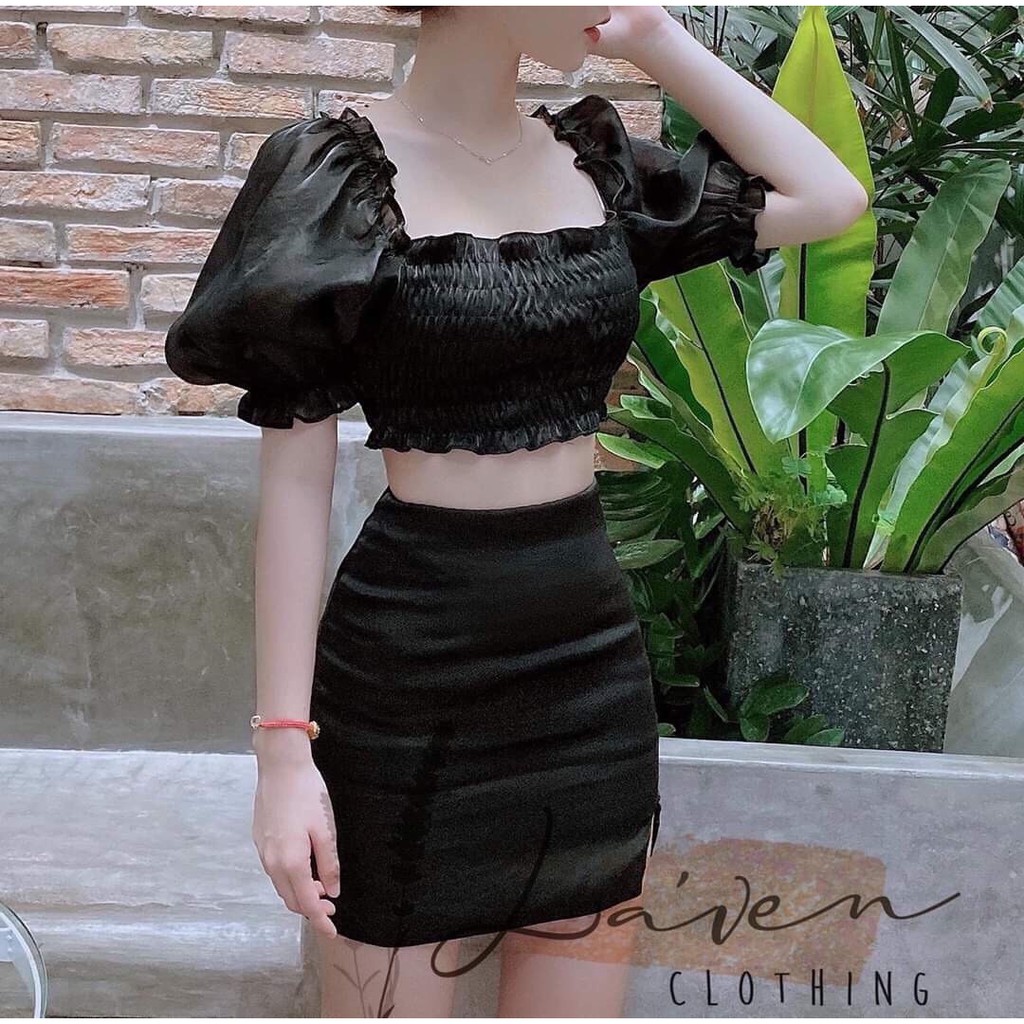 Sét áo tay nhún bèo và chân váy có lót cá tính thời trang nữ Arava le70