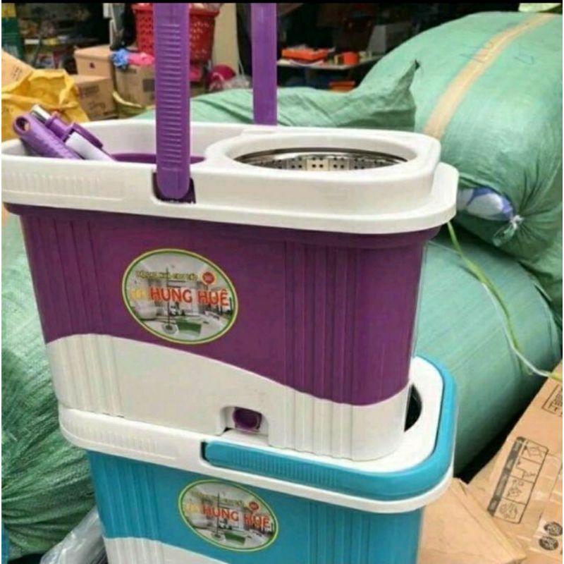 bộ lau nhà 360 thùng 2 khoang hưng huê kèm cây lau và 2 bông lau,thùng