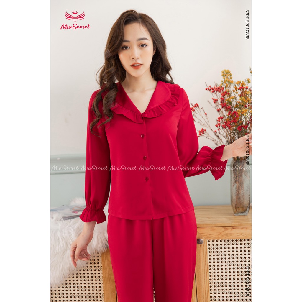 Bộ Đồ Ngủ Mia Secret Lụa Tằm Băng Cao Cấp - Cổ V Bèo Đỏ Dài Tay - SP010838 | BigBuy360 - bigbuy360.vn