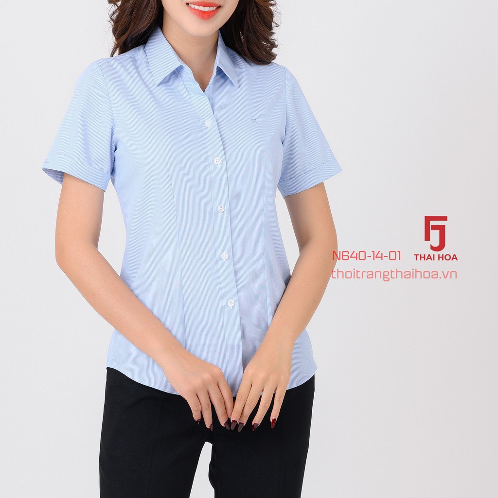 Áo sơ mi nữ caro sọc thẳng nhỏ màu xanh tay ngắn kiểu công sở cotton N640-14-01