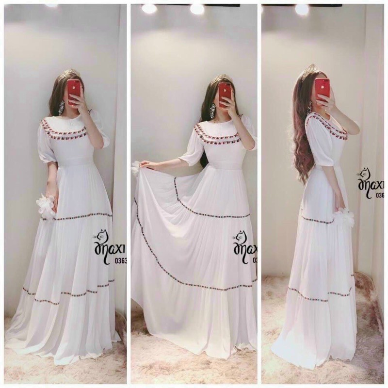 Đầm trắng viền thổ cẩm xoè kín đáo váy du lịch prom kỉ yếu form dài hình ảnh thật