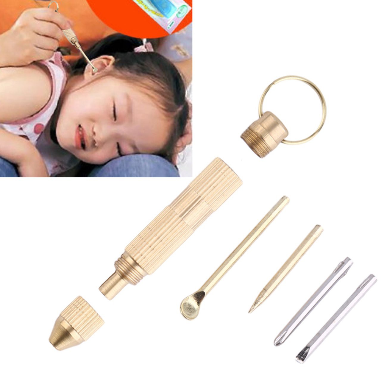 Bộ Dụng Cụ Lấy Ráy Tai 4 Trong 1 Tiện Lợi/Gold 4 in1 Multi Tool Set Cross Screwdriver Toothpick Ear Pick Pin Key Chain