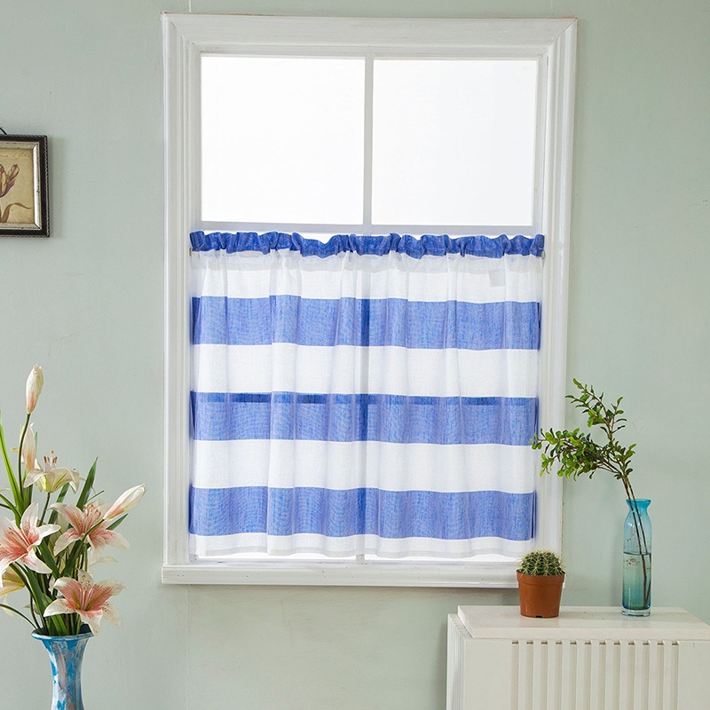 Cafe Kitchen Flight Wire Blue Gray Stripes Window Valance Sheer Voile Curtains