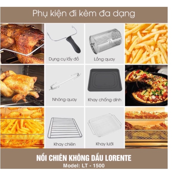 Nồi chiên Không dầu kiêm Lò nướng đa năng 15L, Lorente LT1500 - Hàng Chính hãng, Bảo hành 12 tháng