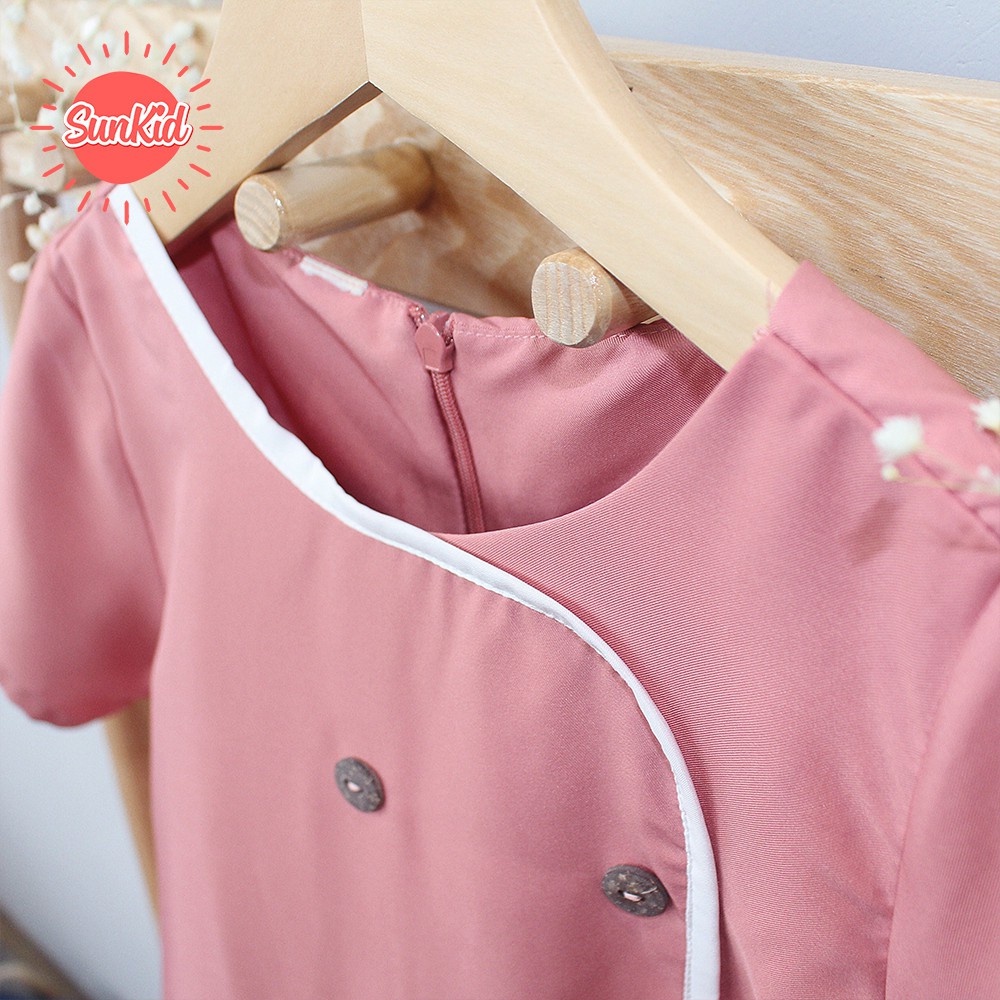 Váy đầm bé gái dáng suông thắt nơ vải trượt nhật cao cấp Sunkid SM màu hồng size trẻ em 4-12 tuổi