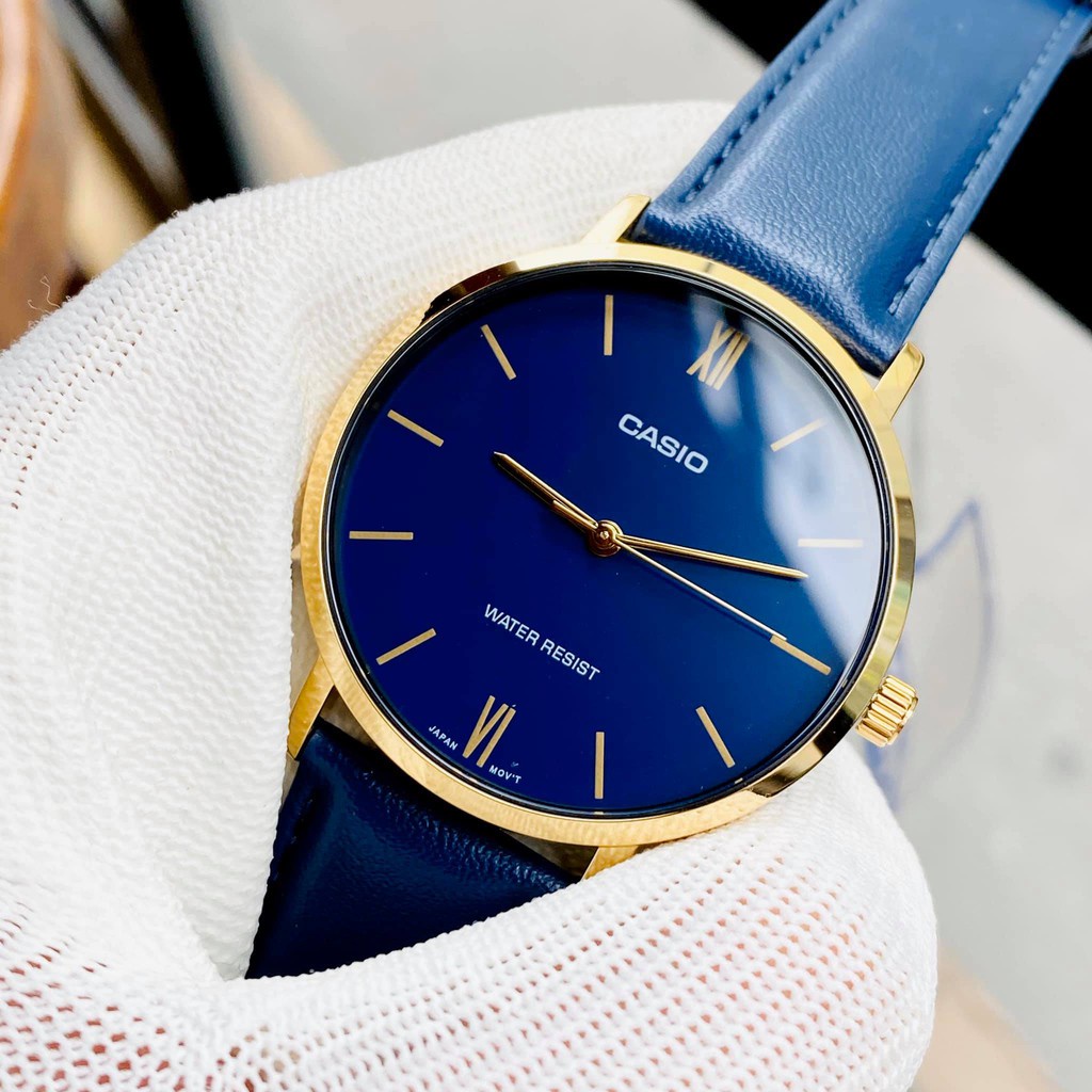Đồng hồ Nam Casio MTP-VT01GL-2B, đồng hồ chính hãng, dây da trơn xanh mặt xanh, viền vàng