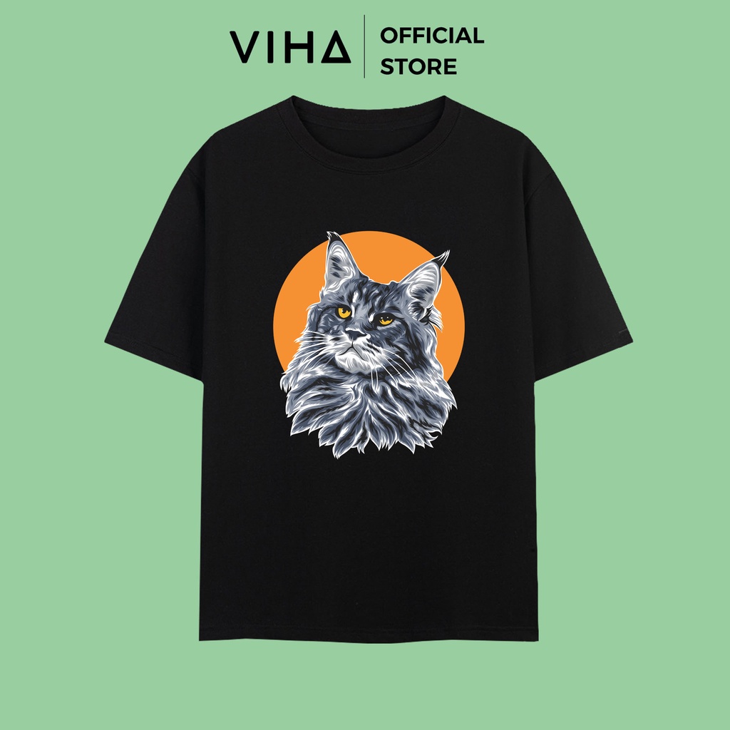 Áo thun unisex form rộng chất vải cotton 100% thoáng mát, dày dặn hai màu đen trắng full size in hình mèo