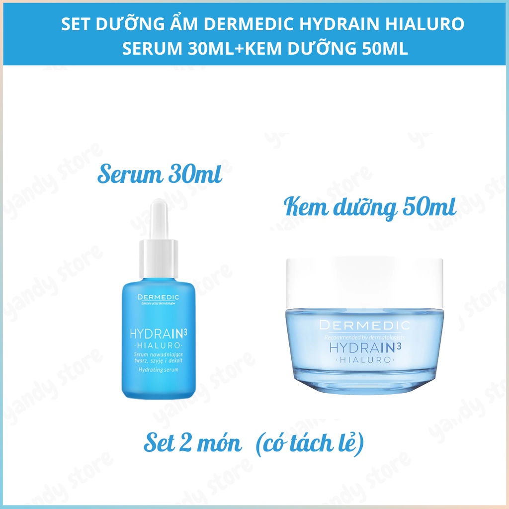 [Có tách set] Set Dưỡng Ẩm Dermedic Hydrain Hialuro (Serum 30ml+Kem dưỡng 50ml)