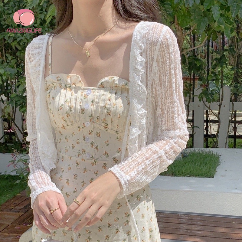 Áo Khoác Cardigan Dài Tay Cổ Chữ V Phối Ren Thời Trang Mùa Hè Hàn Quốc Cho Nữ