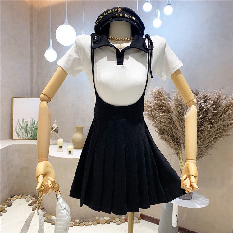 Set Áo Thun polo Ngắn Tay Màu Sắc Tương Phản Và Chân Váy Xếp Ly Lưng Cao Thời Trang Dành Cho Nữ