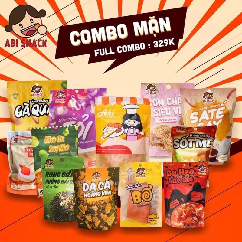 Combo 12 gói bánh tráng ABi mặn ( Gà quay- bơ tỏi-sate-Me-Pizza-Bơ-rong biển- khô gà-cơm cháy- da cá- da heo)