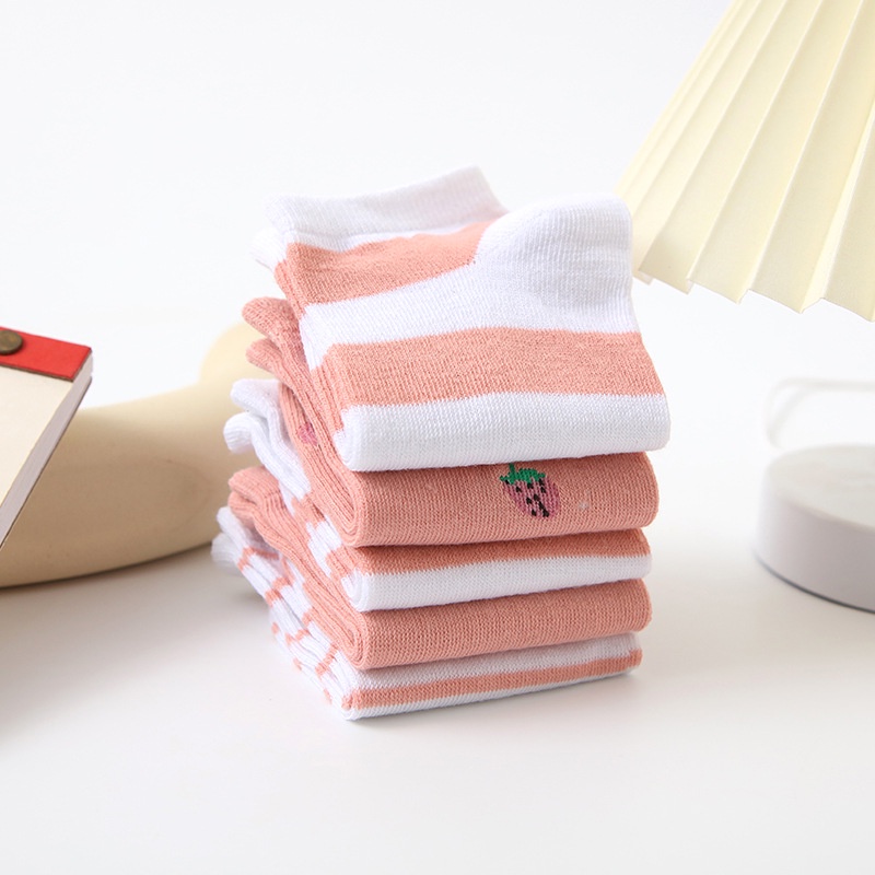 ❤️FREESHIP❤️ Tất - Vớ nữ Dâu tây Hồng Cotton Trơn Ulzzang Cổ Ngắn gân tăm Phong Cách Vintage Hàn Quốc