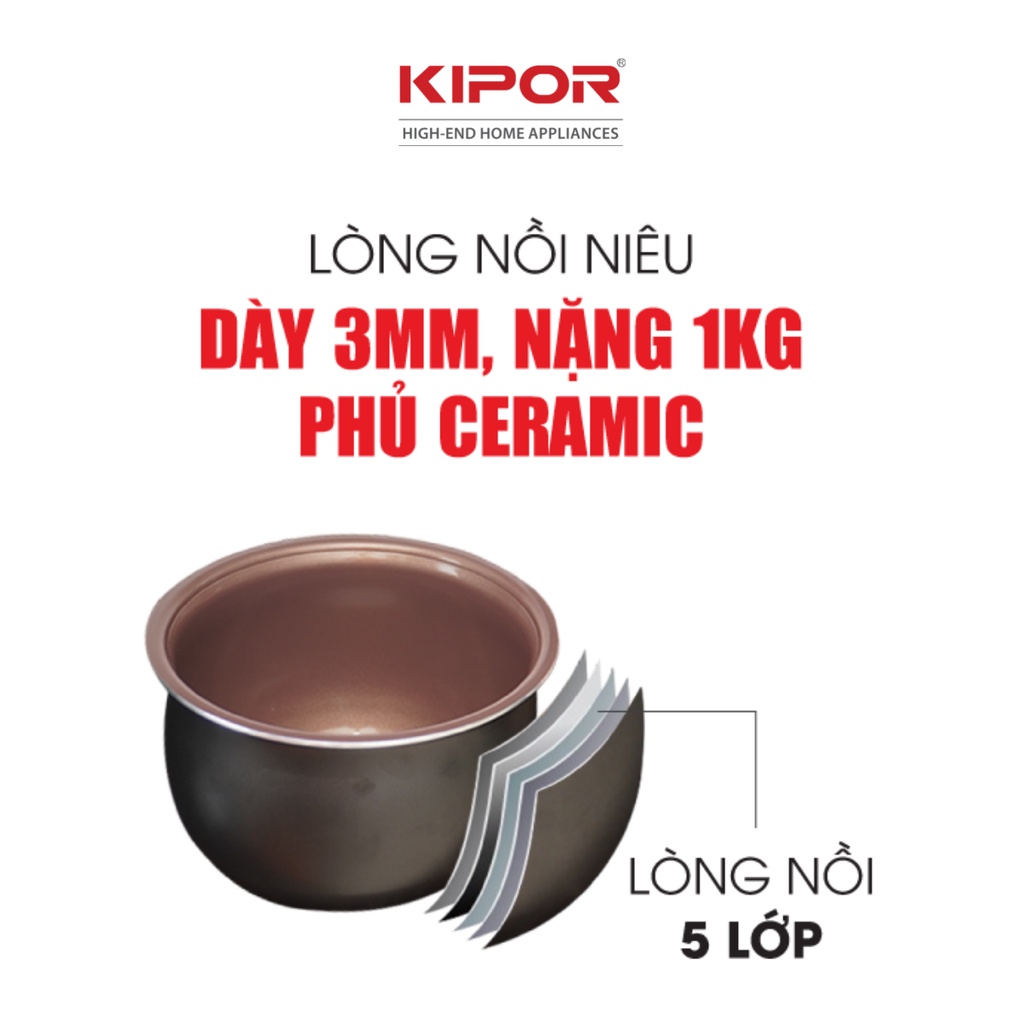 Nồi cơm điện KIPOR KP-N55918-1.8L-Lòng nồi niêu chống dính CERAMIC chống trầy xước dầy 3mm-Bảo hành tại nhà 12 tháng