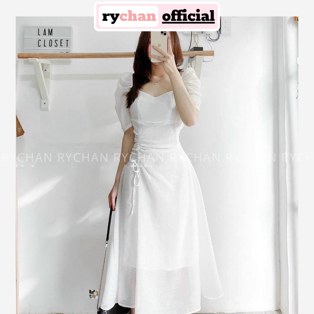 Đầm Xòe Midi Tay Phồng Rút Sườn 2 Màu Trắng Đỏ Sang Trọng [Ảnh Thật Cuối] - DX0071