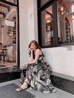 Đầm lụa xòe loang màu cúp ngực 2 dây