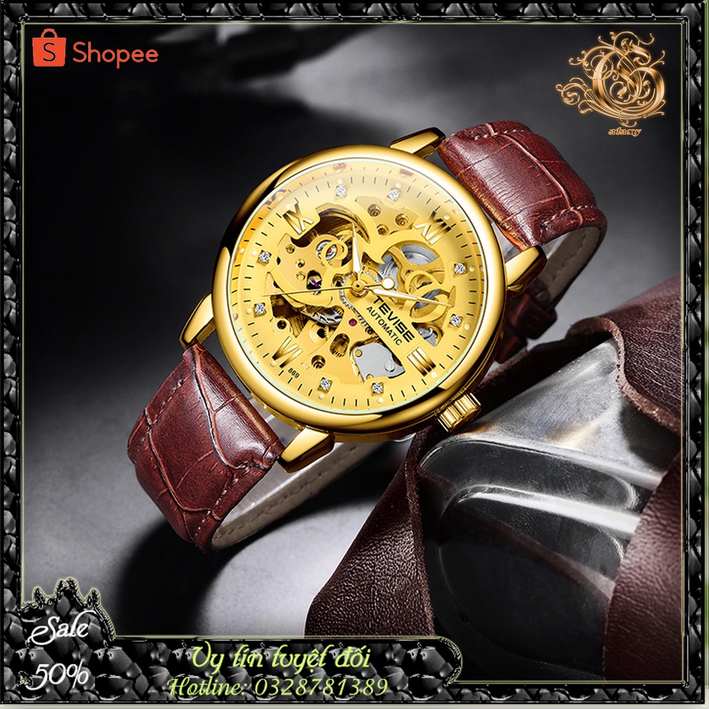 Đồng hồ, Đồng hồ cơ nam TEVISE T869 automatic, Dây da cao cấp, Full hộp, chống nước, chống xước, Thẻ bảo hành 3 năm