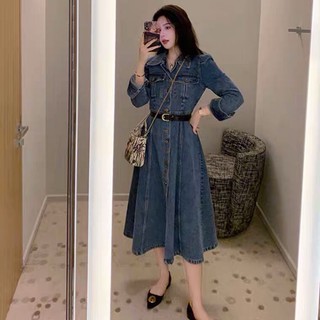 Đầm midi denim xoè thời trang, váy bò dáng xoè dài, đầm bò dáng dài sang chảnh