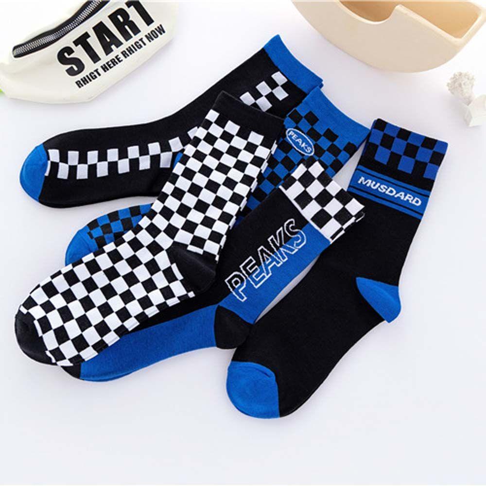 Vớ Cotton Cổ Vừa Họa Tiết Hình Học / Sọc Caro Đen / Xanh Dương Phong Cách Harajuku Thoải Mái Cho Nam Và Nữ