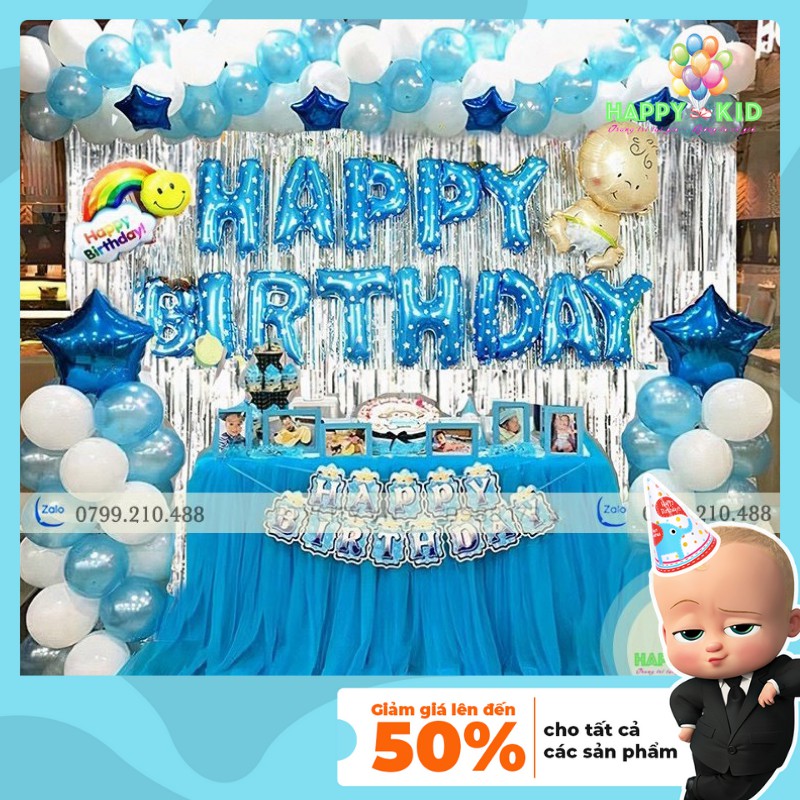 Set Trang Trí Tiệc Sinh Nhật 2 Rèm Kim Tuyến Bóng Chữ Happy Birthday và 50 bóng nhũ dành cho bé trai bé gái