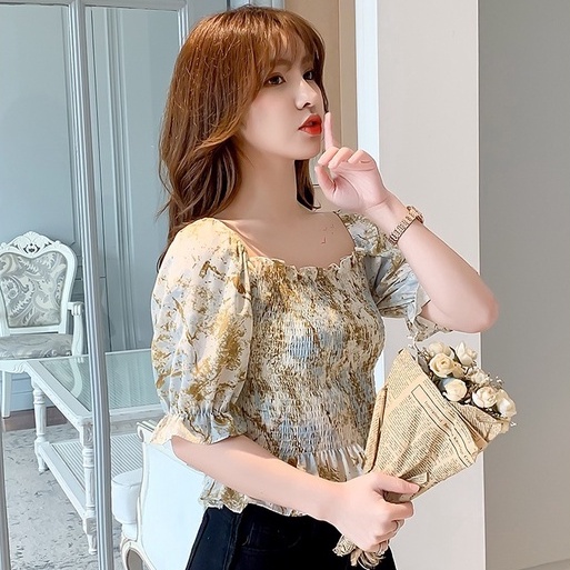 Áo Chiffon Ngắn Tay Trễ Vai In Họa Tiết Mực Thời Trang