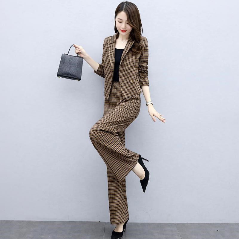 Single / suit đầu xuân 2021 phong cách mới quần tây hàn quốc thời trang hợp mốt ống rộng kẻ sọc caro nữ [xuất xưởng t