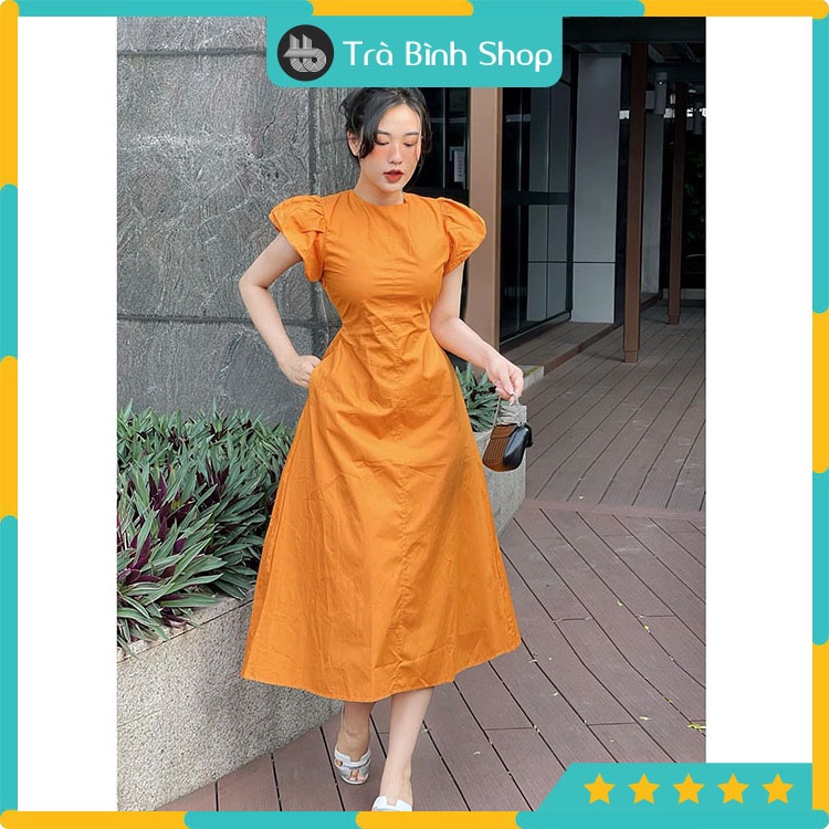 Đầm thô rút dây lưng cổ tròn Váy chiết eo tay bồng tiểu thư sang chảnh | BigBuy360 - bigbuy360.vn