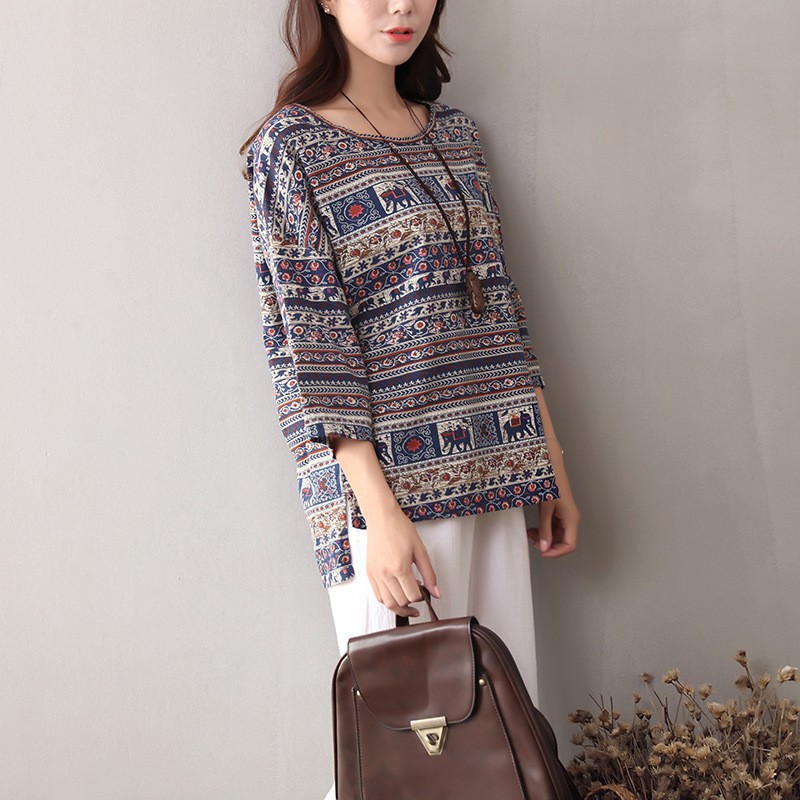 ZANZEA Women Casual Floral Printing 3/4 Sleeve O-neck Loose Vintage Blouse