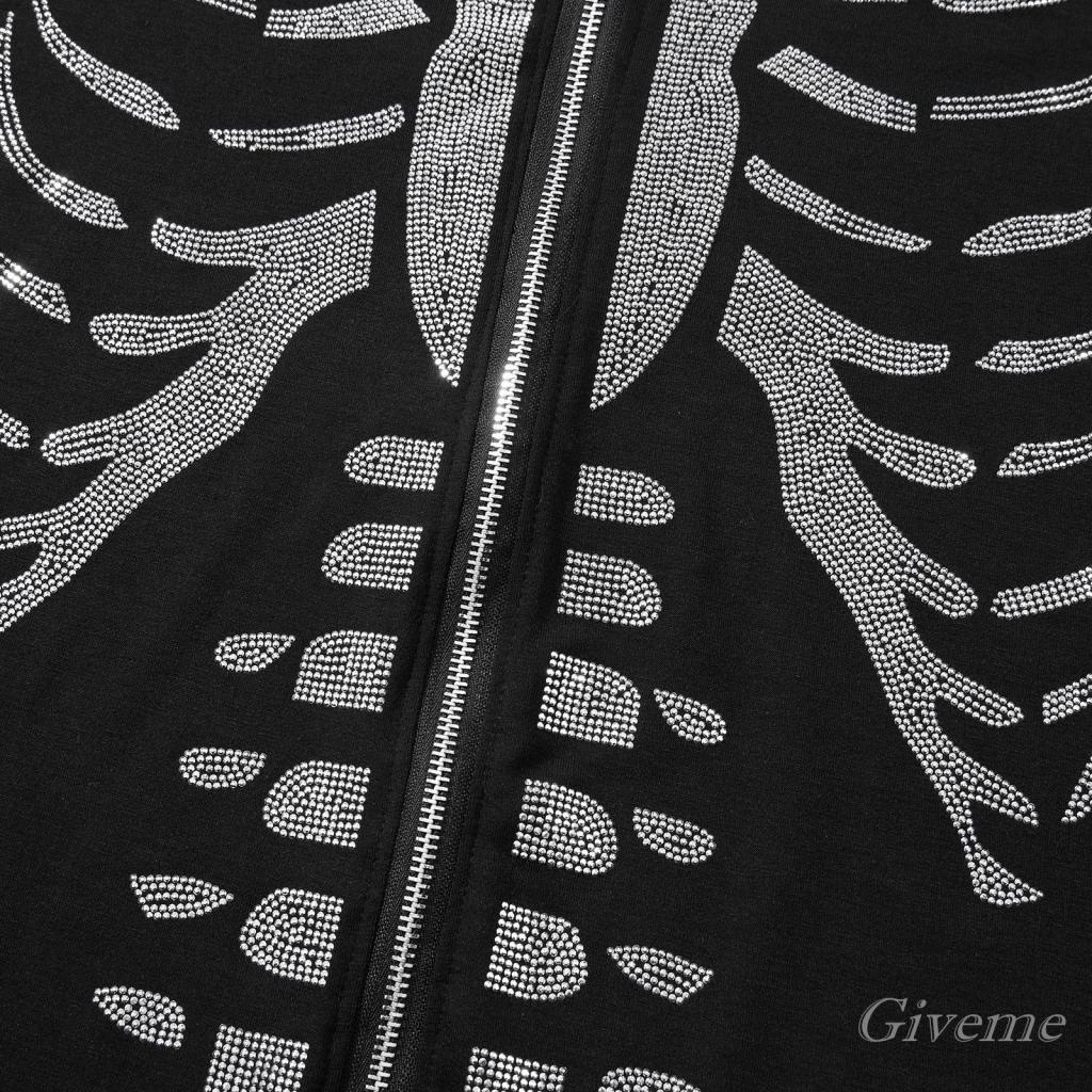 Áo Khoác Nỉ Dài Tay Có Khóa Kéo In Hình Bộ Xương Đính Đá Givenme Thời Trang Xuân Thu Cho Nữ