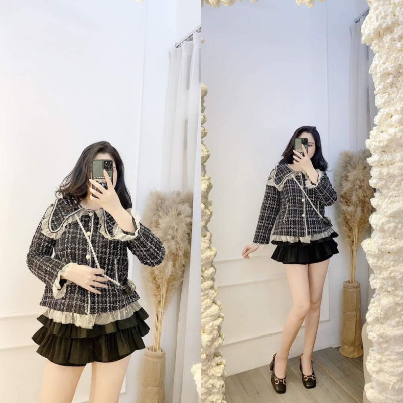 Áo Dạ Tweed Ms.8323 Áo Thiết Kế Cổ Sen Đính Bèo Voan, Dáng Suông Chất Dạ Tweed Hai Lớp Bao Xịn, Bao Xinh