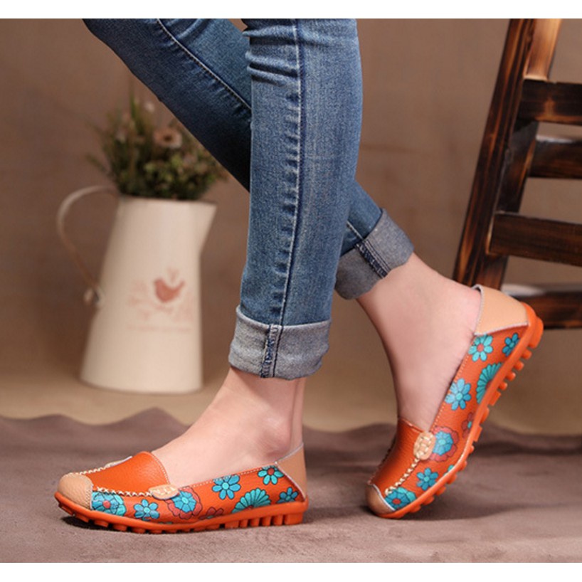 ☬Phụ Nữ Da Thật Chính Hãng Giày Đế Bằng 6 Màu Nữ Slip On Size Lớn 44