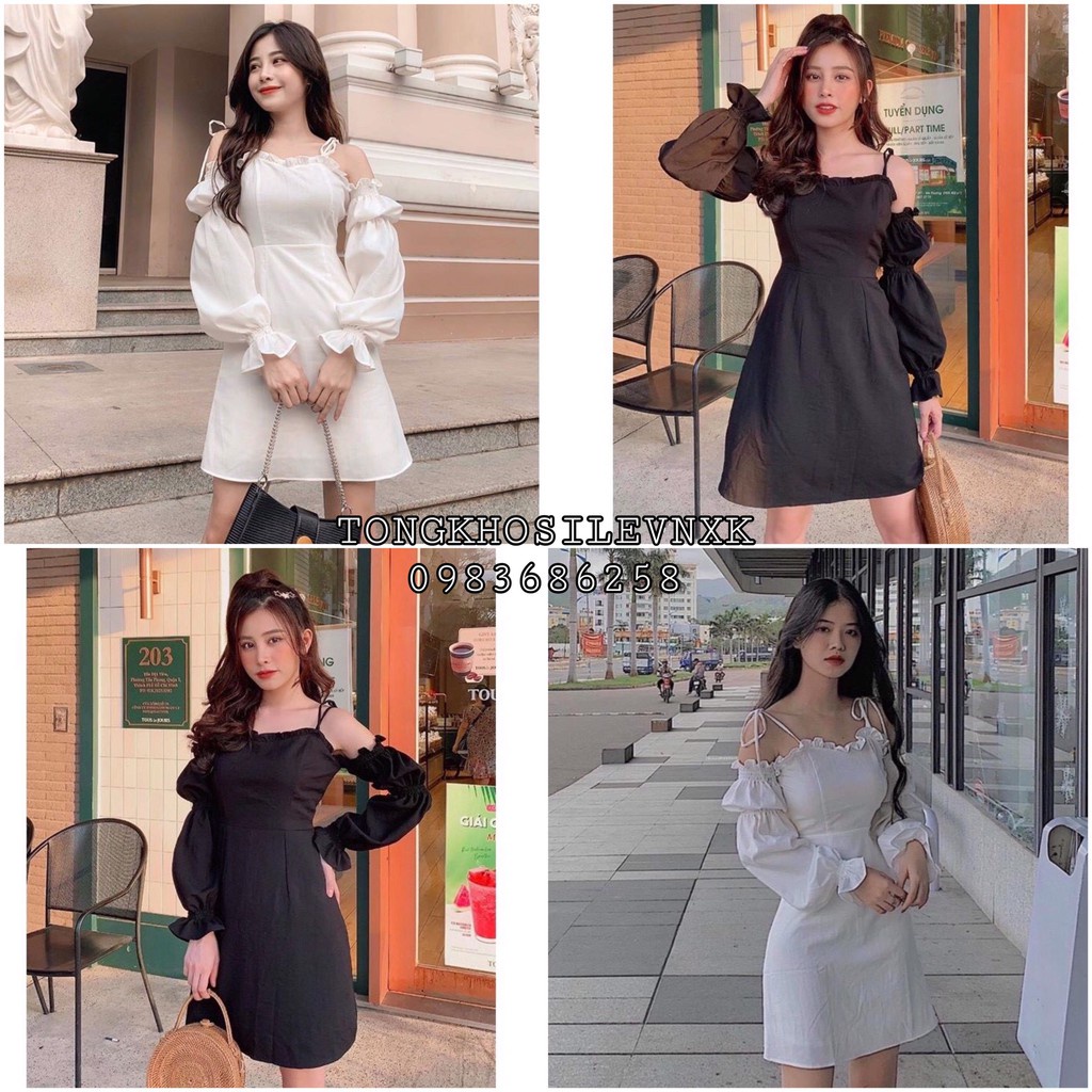 VÁY ĐẦM NỮ Trắng Đen HAI DÂY TAY PHỒNG BUỘC NƠ TRỄ VAI DÀI TAY - ĐẦM TRẮNG TRỄ VAI DẠO PHỐ 2 dây ulzzang