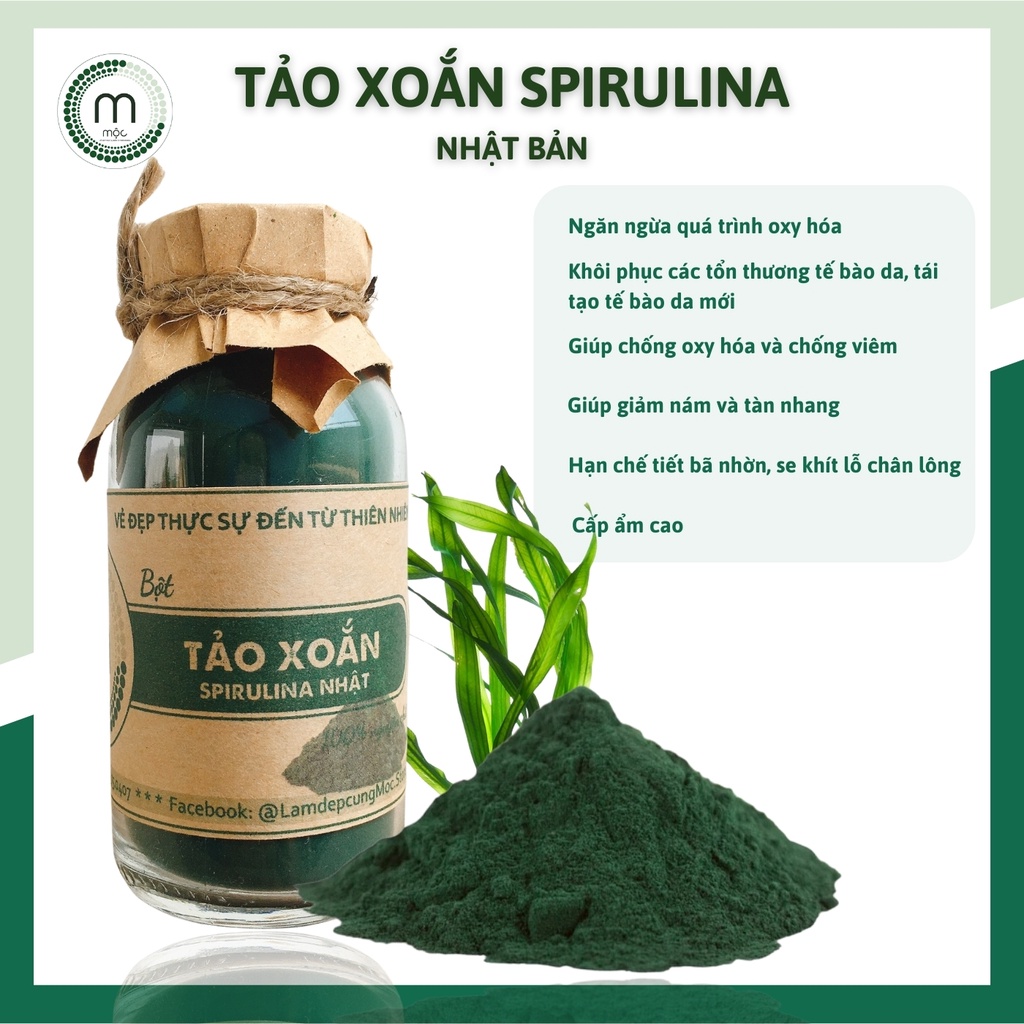 Bột mặt nạ Tảo Xoắn Spirulina Nhật Bản ngăn ngừa mụn sáng da nguyên chất từ thiên nhiên 100ml handmade