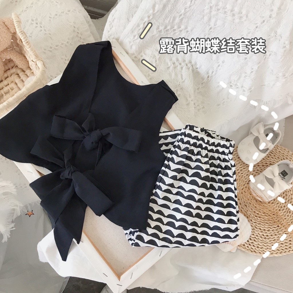 Sét ba Lỗ phối nơ + quần ống rộng thiết kế đáng yêu cho trẻ em gái