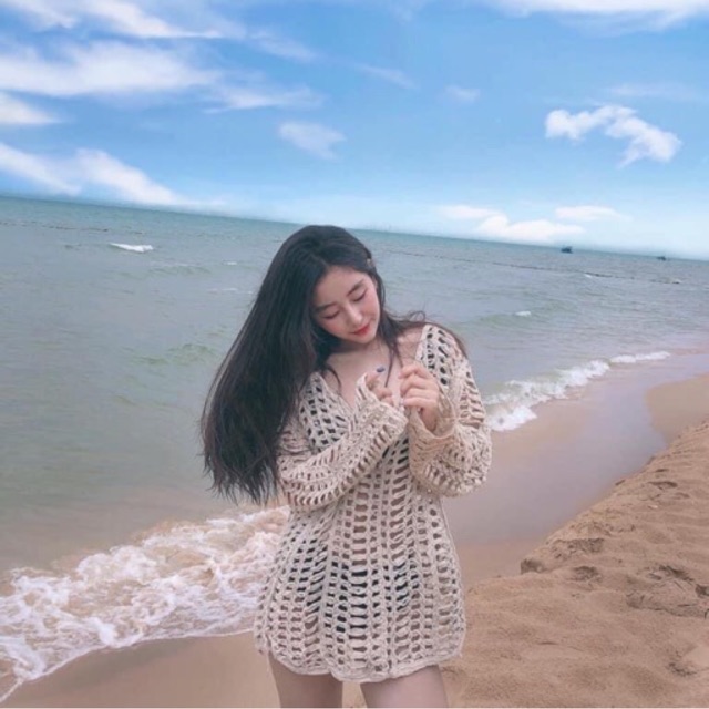Áo khoác biển kiểu thừng cardigan đan móc (choàng) lưới ô vuông hot hit (~70cm)