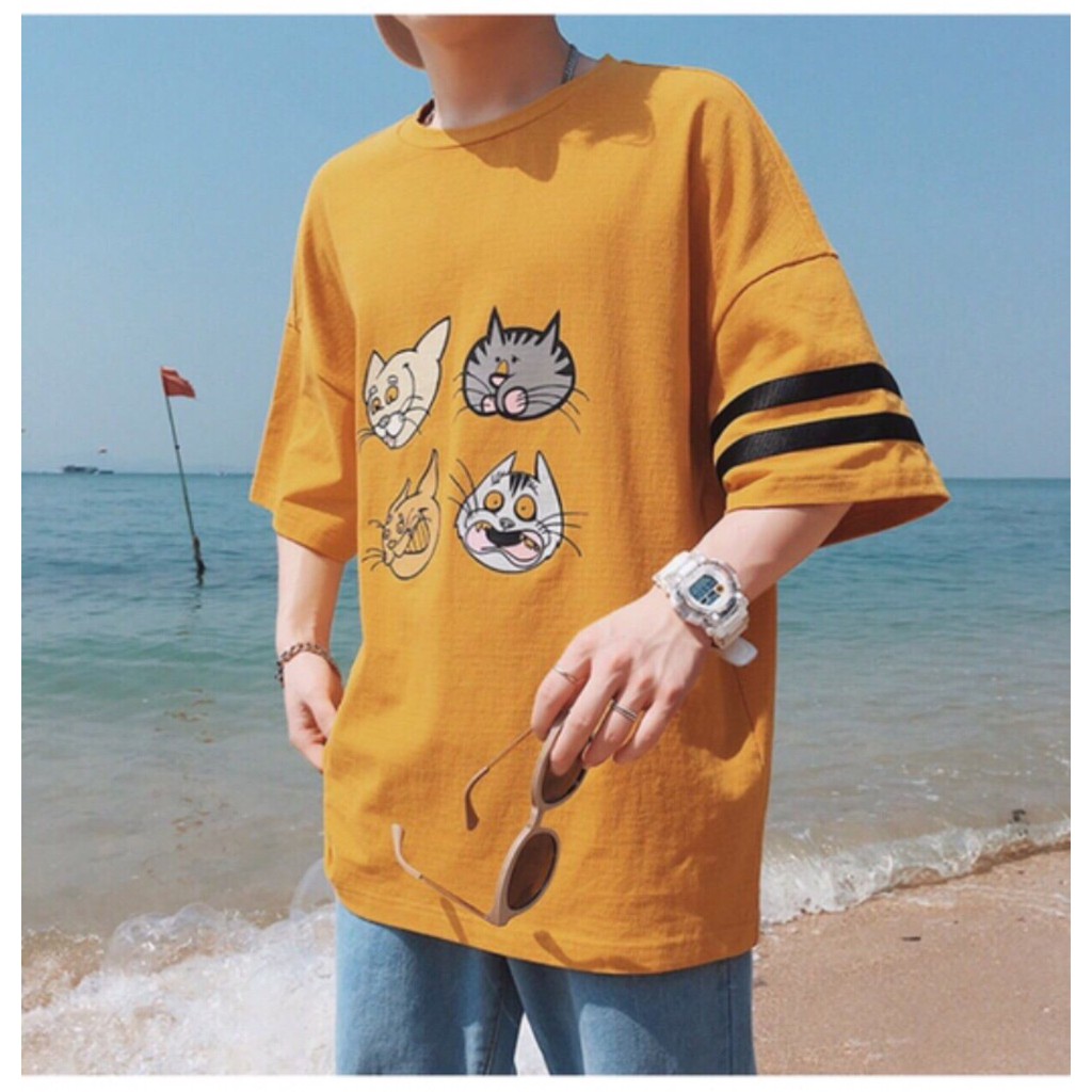 Áo Phông Nam Uzzlang Cá Tính In Mặt Thú Siêu Dễ Thương Kẻ 2 Sọc Thể Thao, Hàng Chất 100% Thun Cotton