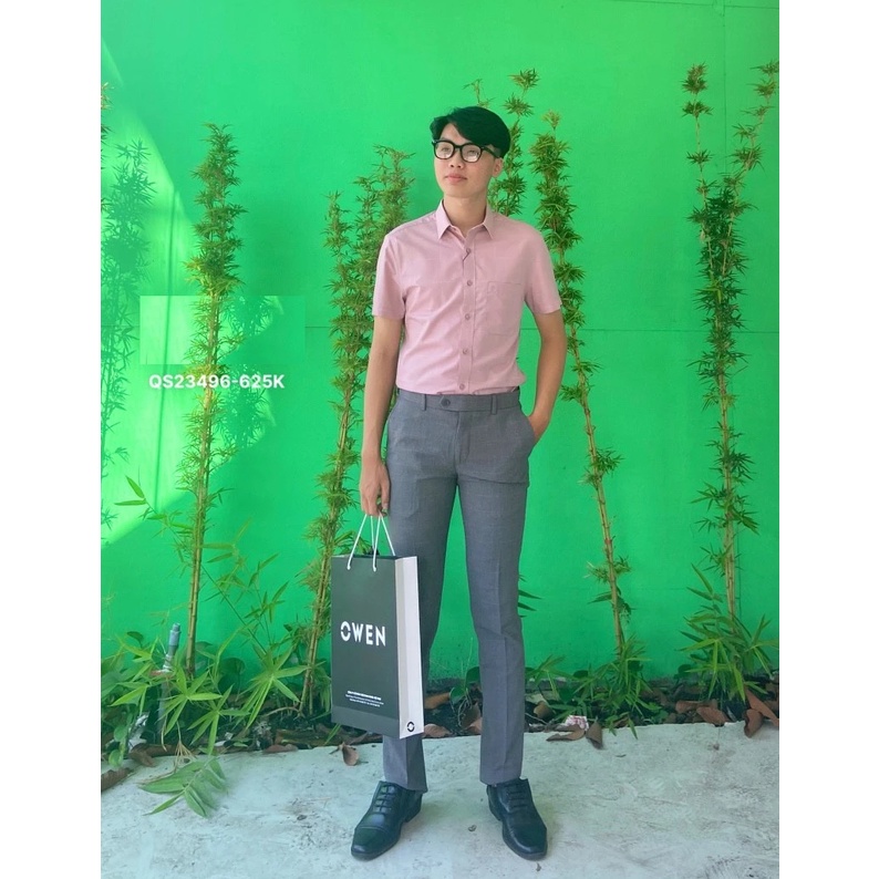 Quần Quần Âu Nam Quần Tây Công Sở Cao Cấp OWEN QS23496 Dáng Slim Fit Ống Ôm Màu Kẻ Chìm Nâu Nhạt Vải Nano Nhẹ Mát